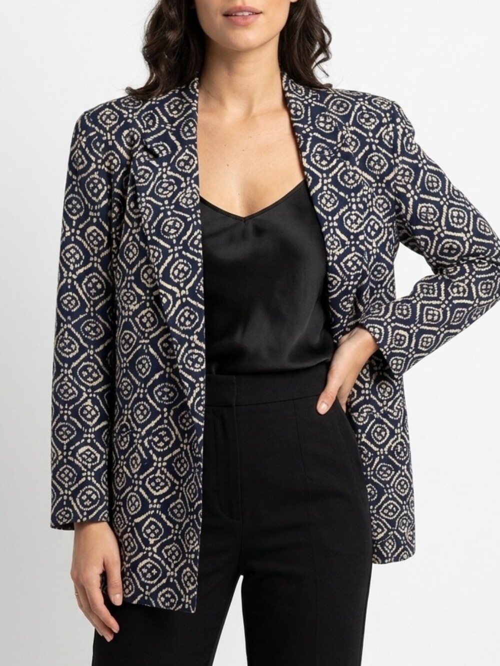Vtg Saks Fifth Avenue Navy & Cream Silk Patterned Boyfriend Oversized Blazer L